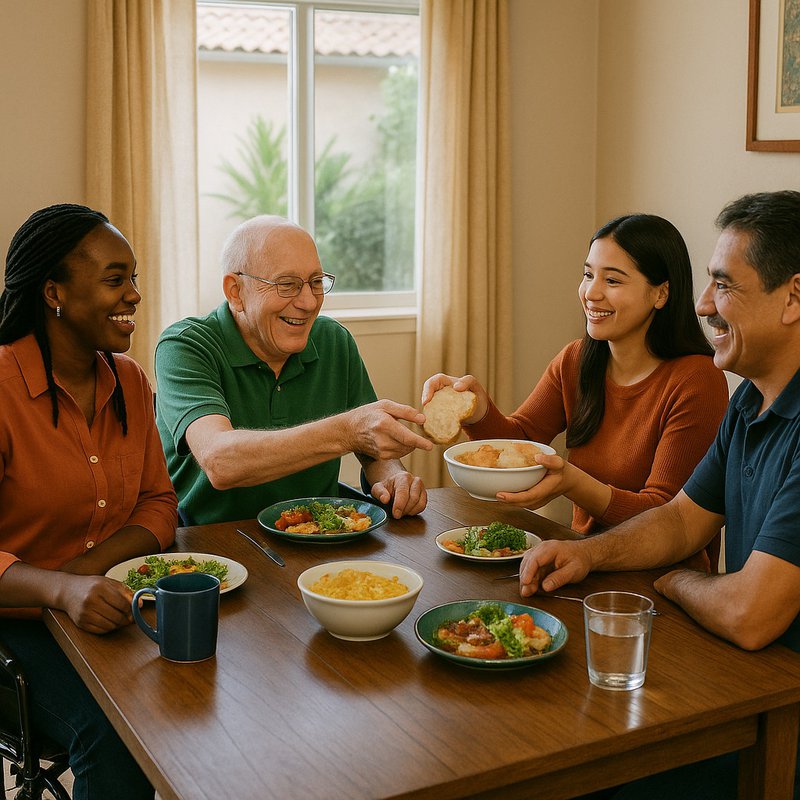 Diverse group of people shares a meal together in a home.