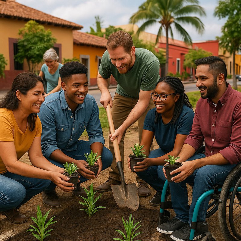 White male traveler getting involved with community gardening in a local neighborhood.