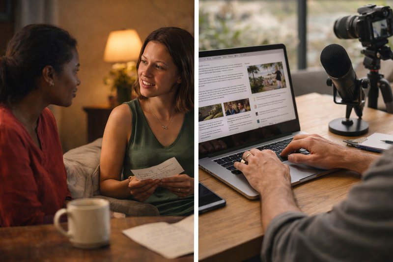A split scene showing intimate conversation, contrasted with public sharing: blogging.