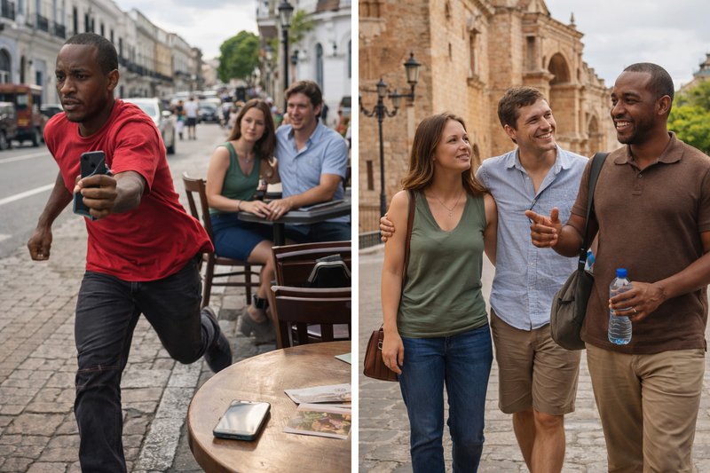 2 images set in Santo Domingo, Dominican Republic. In one, a local man is stealing a phone from a white American couple and running across the street with it. In the other, a kind local man is showing the same couple around Santo Domingo, expecting nothing in return.