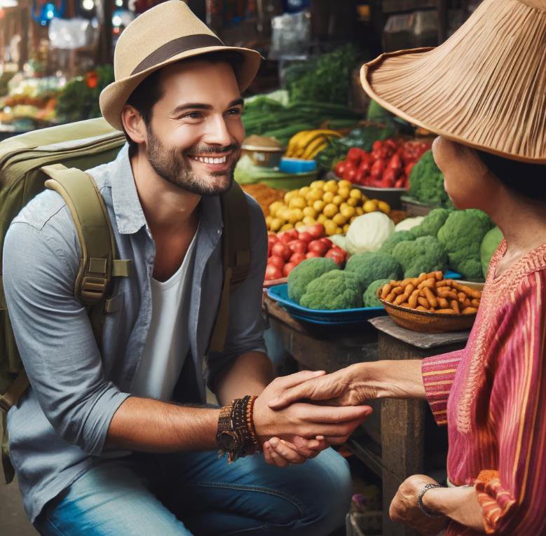 Traveler getting to know a shop owner in a local marketplace.