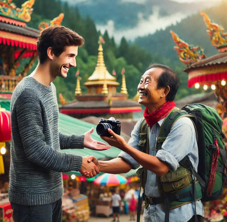 International traveler showing his camera to a domestic traveler with temples in the background of the scene.