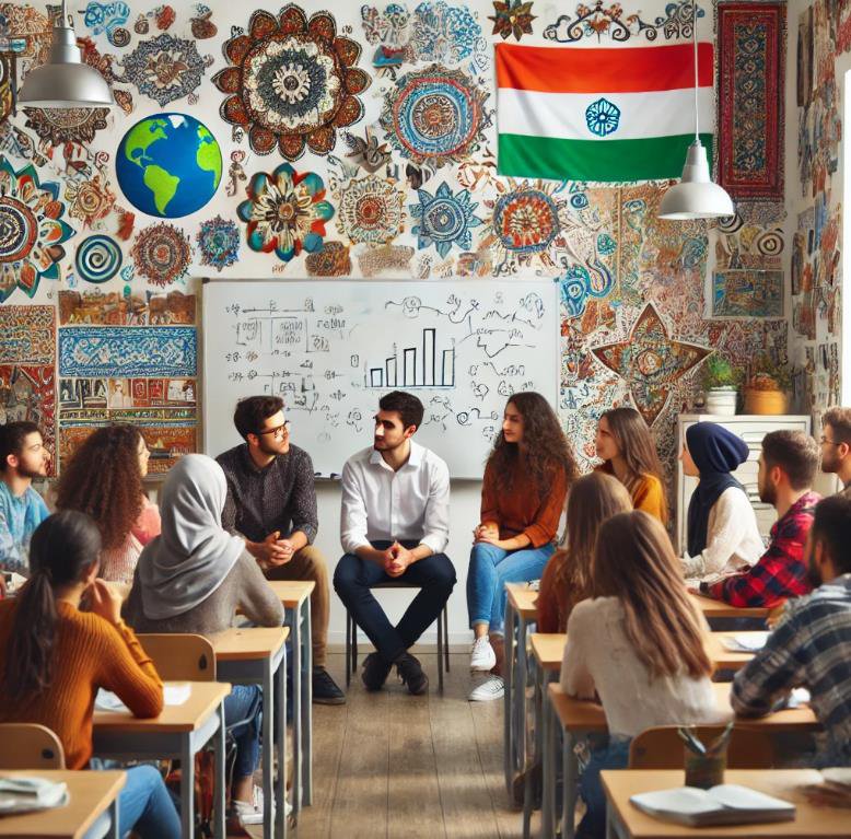 University students in a multicultural classroom.