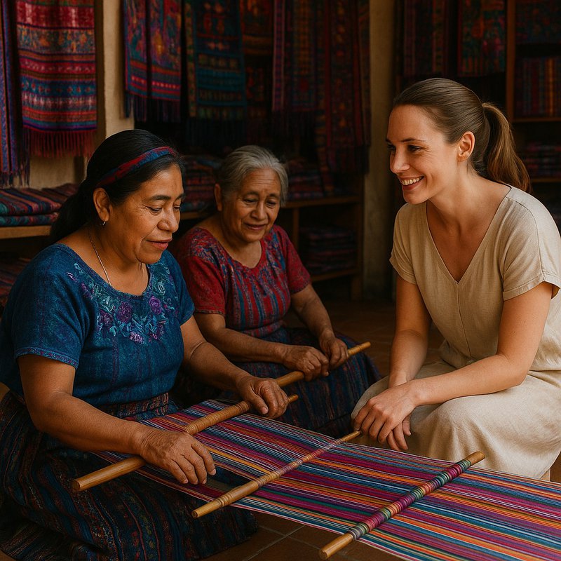Female traveler with two Mayan women weaving on a backstrap loom.