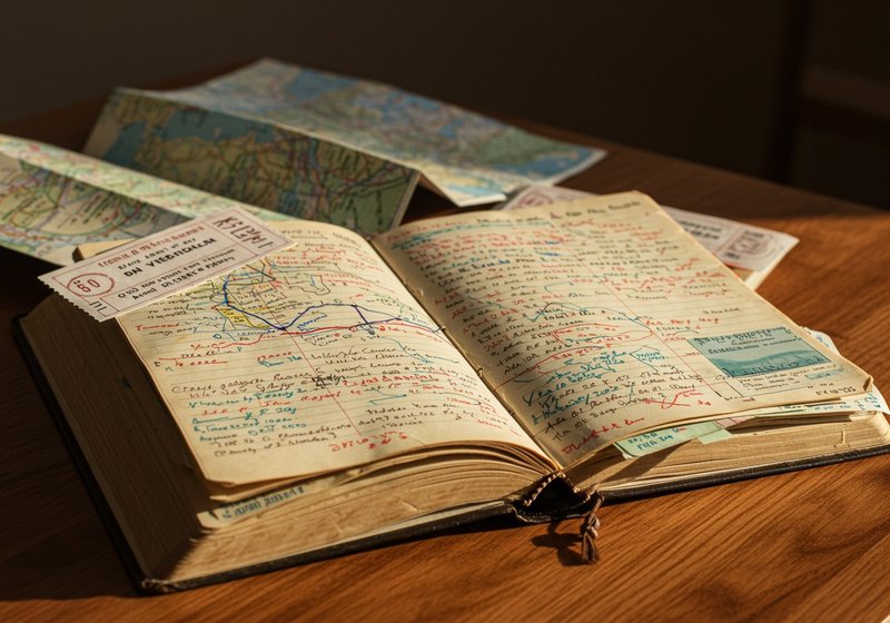 Open travel journal with handwritten notes, maps and ticket stubs, cozy wooden table