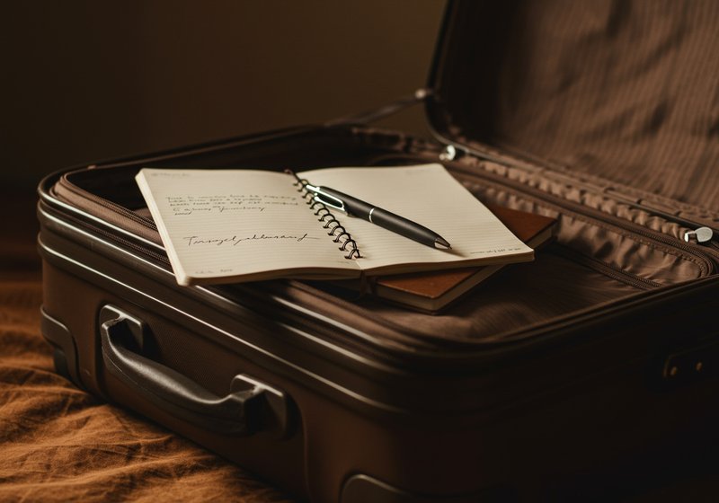 Suitcase partially open with a travel journal and pen resting on top, metaphor for reflection vs consumption