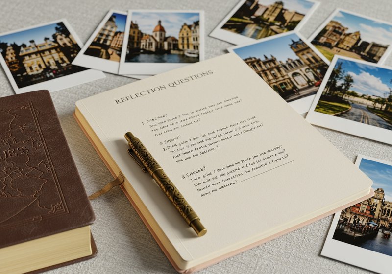 Flatlay of an open journal titled “Reflection Questions,” pen, guidebook, and a few travel photos