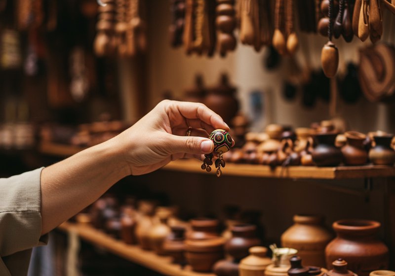 a traveler making a conscious choice, choosing at local artisan markets