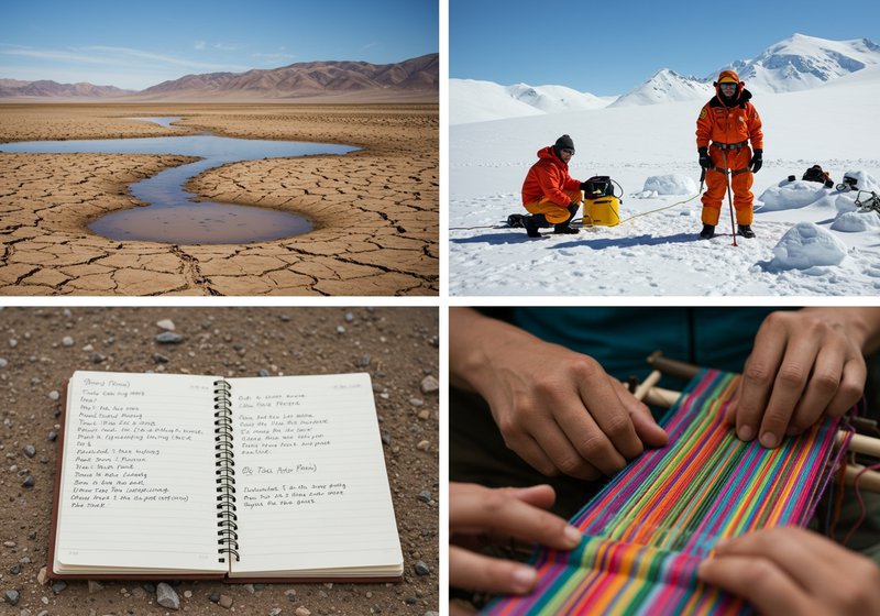 A 4-panel collage showing (1) arid landscape symbolizing water conservation, (2) Antarctica snow and researchers, (3) open notebook with foreign language practice notes, (4) close-up of hands weaving colorful textiles