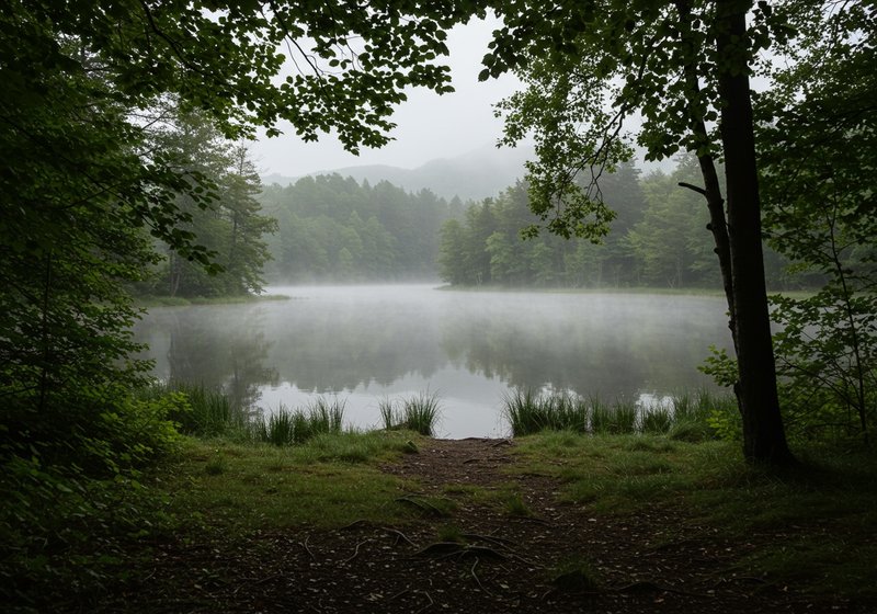 A serene, natural place--lake and woods on a foggy morning.