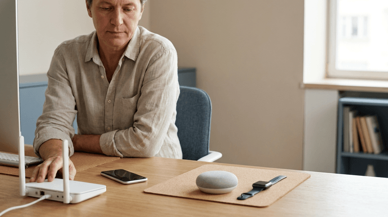 A person reviewing a home router and device settings to help separate smart devices from personal devices