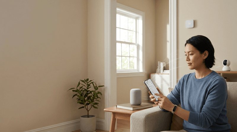 A person checking smart-home privacy settings on a phone, with connected devices nearby