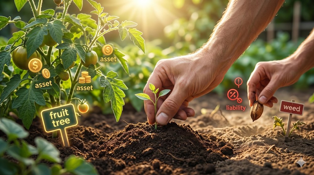 How to Escape the Paycheck Trap (The Asset vs. Liability Rule). A close-up shot of hands working in a sunny garden. The left hand nurtures a green seedling growing near a tomato plant labeled with glowing "asset" icons and a "fruit tree" sign. The right hand pulls a dried seed next to a small plant marked with a "liability" icon and a "weed" sign.