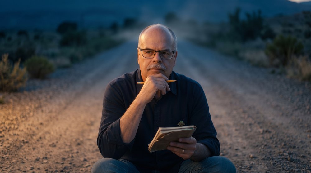 A close-up photograph of author Tony Ventimiglio, wearing a dark blue denim shirt and glasses with a mustache, sitting thoughtfully on a gravel dirt road. He has an orange pencil pressed to his chin and holds a vintage, worn leather notebook. He is looking off into the distance, with a distant dirt road and desert vegetation under a deep blue twilight sky receding behind him. The foreground ground is lit with a warm golden light. A small pin on his pocket reads "THE SOCIAL CHAMELEON SHOW".