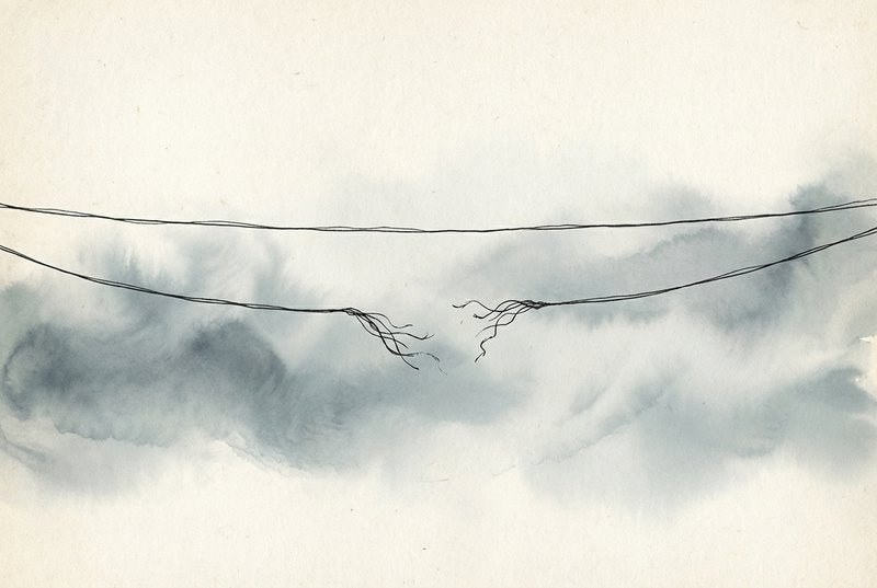 Two suspended horizontal threads against soft gray fog, one thread runs continuous from left to right, the other snaps midway with a frayed dangling end, on off-white paper texture.