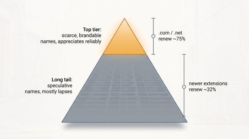A pyramid diagram. A small orange top tier reads scarce, brandable names that appreciate reliably, annotated .com and .net renew around 75 percent. The large grey base below reads long tail, speculative names that mostly lapse, annotated newer extensions renew around 32 percent.