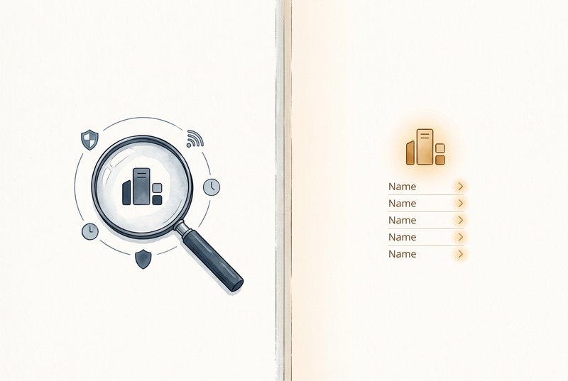A magnifying glass examining a building icon ringed by small shield, clock and signal symbols, next to a simple list of five domain rows.