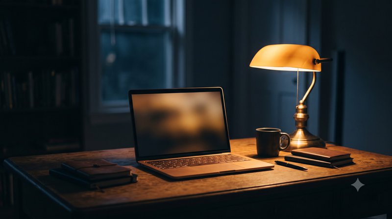 A laptop with a blurred screen on a wooden desk in a dimly lit room, beside a brass banker's lamp, a mug and two notebooks.