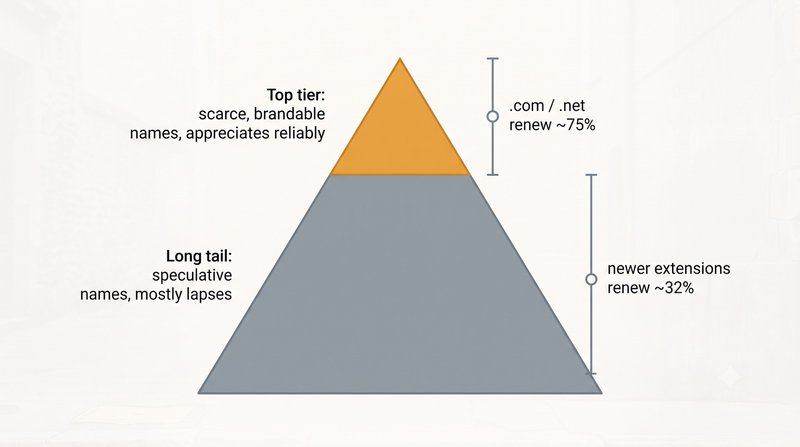 The same pyramid diagram of domain value tiers, with a small orange top tier of scarce brandable names above a large grey long tail of speculative names that mostly lapse.