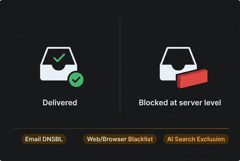 Split diagram comparing email delivered successfully versus email blocked at the server level, with the three blacklist types shown in sequence below by escalating severity.