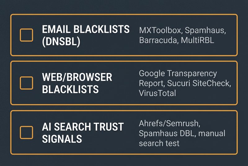 Three-row blacklist audit checklist showing check type, recommended tools, and empty checkboxes for each category: email blacklists, browser blacklists, and AI search trust signals.