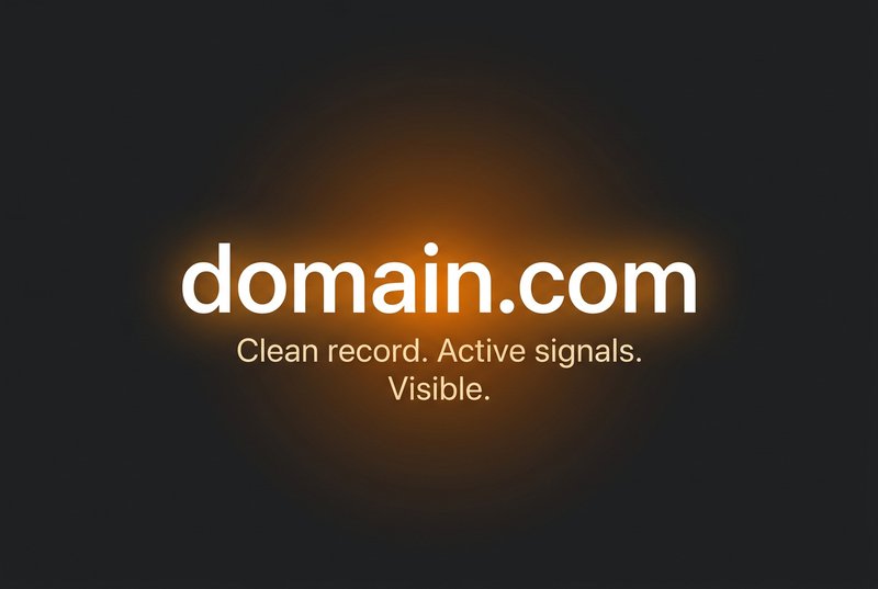A domain name rendered in clean white type with warm amber halo light against a dark background — representing a healthy, visible domain with a clean record after delisting.