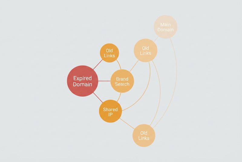 A diagram showing how one expired domain creates collateral damage across four vectors: shared IP contamination, brand search confusion, old link redirects, and cross-domain reputation effects — with damage intensity fading from core to edge.