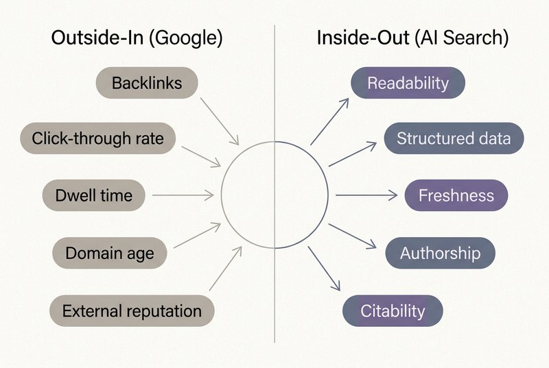 A two-column comparison diagram showing Google's outside-in trust model on the left with external signals pointing inward, and AI search's inside-out trust model on the right with internal signals radiating outward.