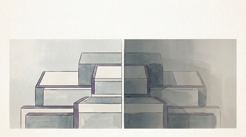 Abstract geometric composition split into two layered planes — one illuminated and visible, the other receding into overcast shadow — suggesting two systems evaluating the same subject differently.