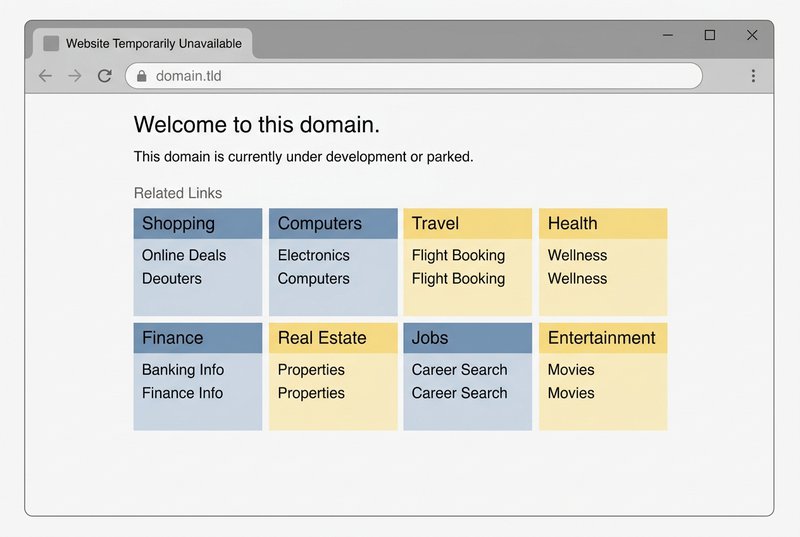 A browser showing a typical registrar parking page with generic ad categories — illustrating the low-quality 200 response that signals deliberately thin content to search engines.