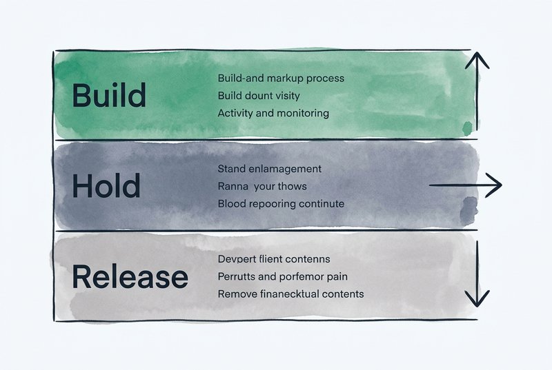 A three-tier vertical diagram showing domain categories: Build at top in sage green with upward arrow, Hold in the middle in muted slate with horizontal arrow, and Release at bottom in warm gray with downward arrow.