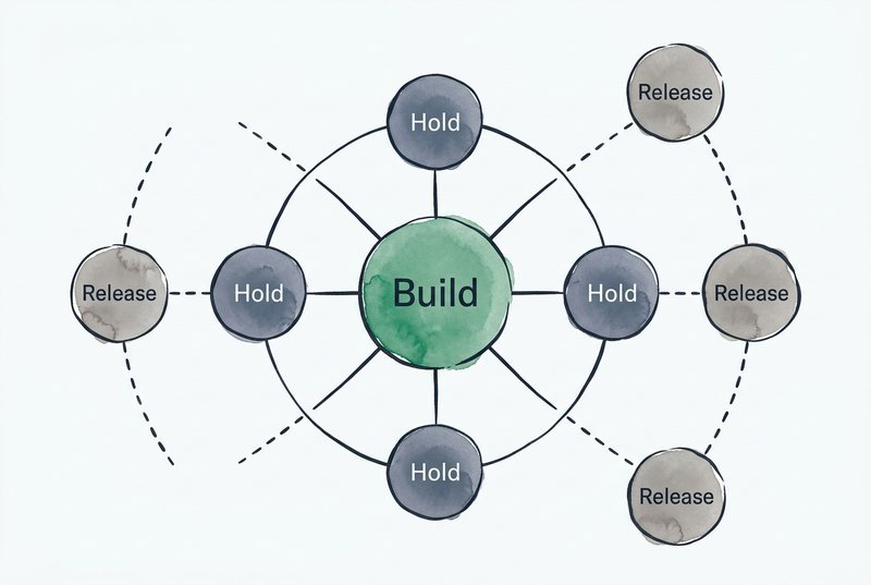 A hub-and-spoke diagram showing a primary Build domain at center in sage green, Hold domains connected by solid lines, and Release domains connected by dashed lines, illustrating domain portfolio allocation.