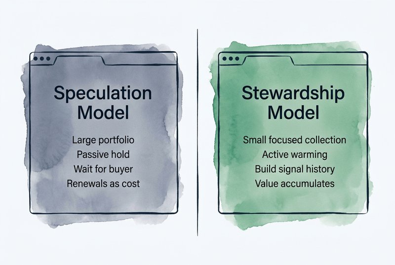 A split comparison showing the Speculation Model on the left with large portfolio, passive hold, waiting for a buyer, and renewals as cost, versus the Stewardship Model on the right with small focused collection, active warming, building signal history, and accumulating value.