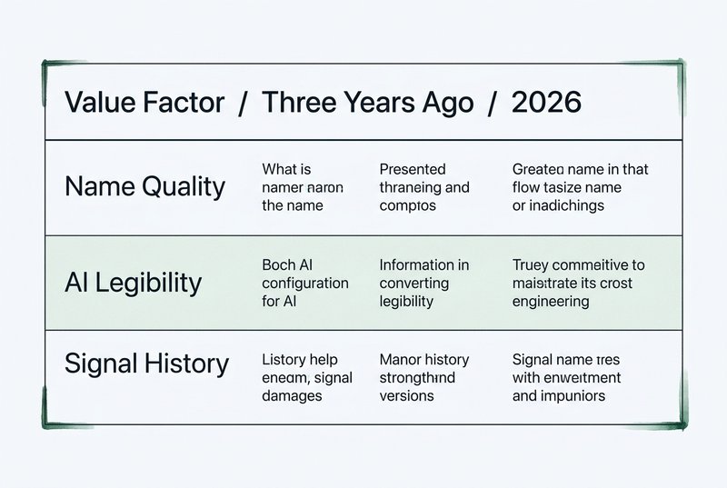 A comparison table showing domain value factors: Name Quality, AI Legibility, and Signal History, contrasting what mattered three years ago versus what matters in 2026.