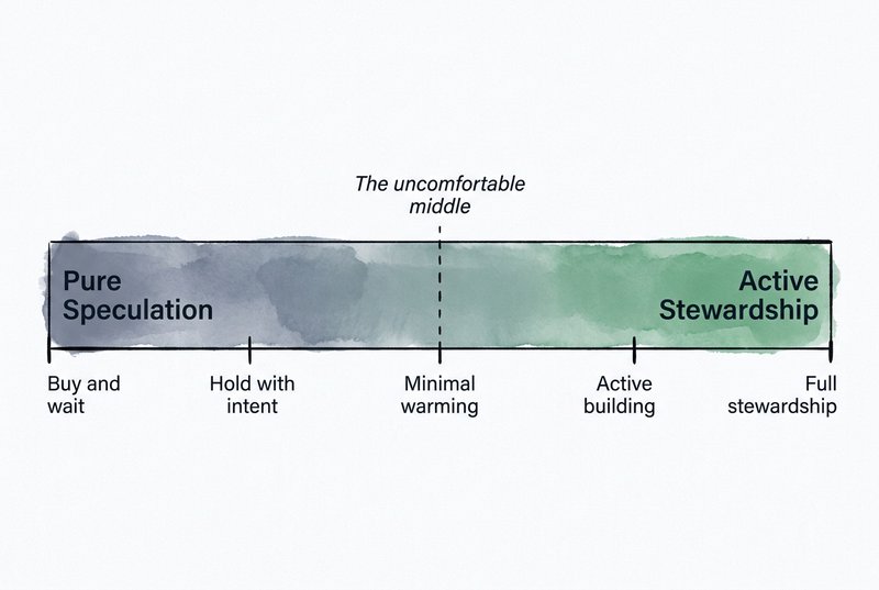 A horizontal spectrum diagram showing the gradient from Pure Speculation on the left to Active Stewardship on the right, with five behavioral milestones including the uncomfortable middle marked.