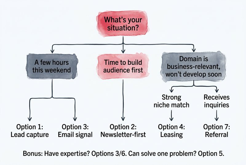 A flow-process decision diagram starting with What's your situation, branching into three paths: a few hours this weekend leading to lead capture and email signal, time to build audience first leading to newsletter-first, and domain is business-relevant leading to leasing or referral.