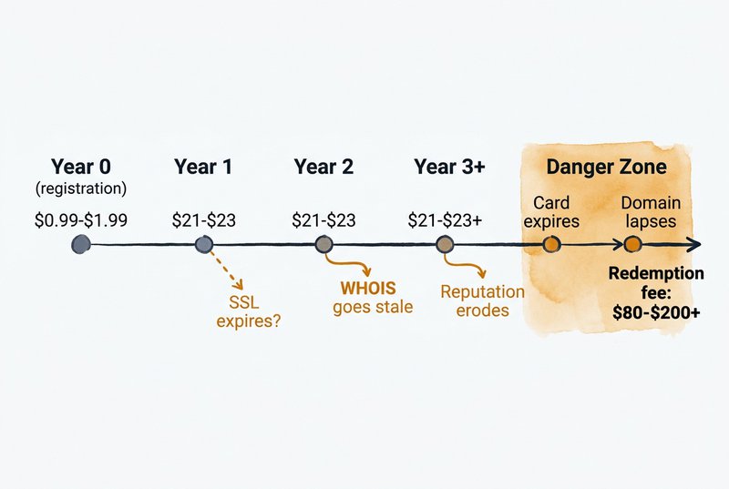 A horizontal timeline showing the lifecycle of a domain under passive management, from $0.99 registration at Year 0 through escalating $21-$23 renewals, with SSL expiry, WHOIS staleness, and reputation erosion branching off at each stage, ending in the Danger Zone with $80-$200 redemption fees.