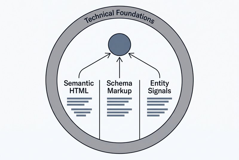 A convergence diagram showing three layers -- Semantic HTML, Schema Markup, and Entity Signals -- flowing into a central node labeled Machine-Readable Website, with Technical Foundations as an outer ring.