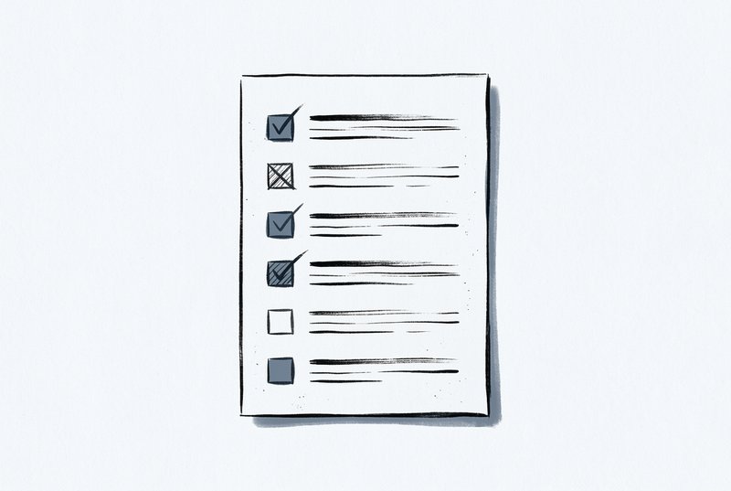 A clean audit checklist rendered in ink and watercolor, structured items with steel-toned checkbox marks on off-white paper.