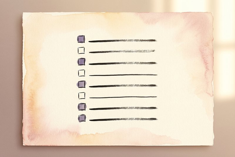 An ink and watercolor checklist rendered on warm cream paper, with slate purple checkbox marks and soft dawn-light tones.