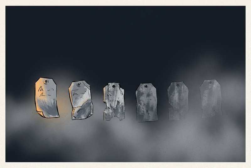 Six small paper tags arranged in a row against dark fog, each one faded or blank, representing the six missing data signals that make a website unreadable to AI search engines.