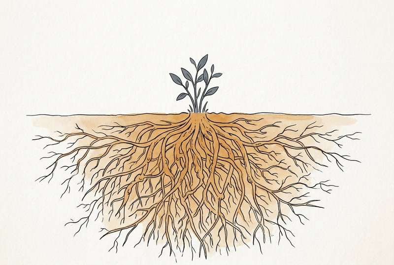 A small plant with an unexpectedly large and intricate root system visible beneath the soil surface, surrounded by high negative space on textured off-white paper.