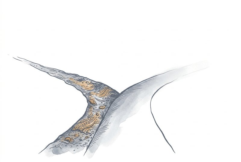 Two diverging paths rendered in minimal ink linework, one path narrows and solidifies into rich soil, the other widens and dissolves into fog.