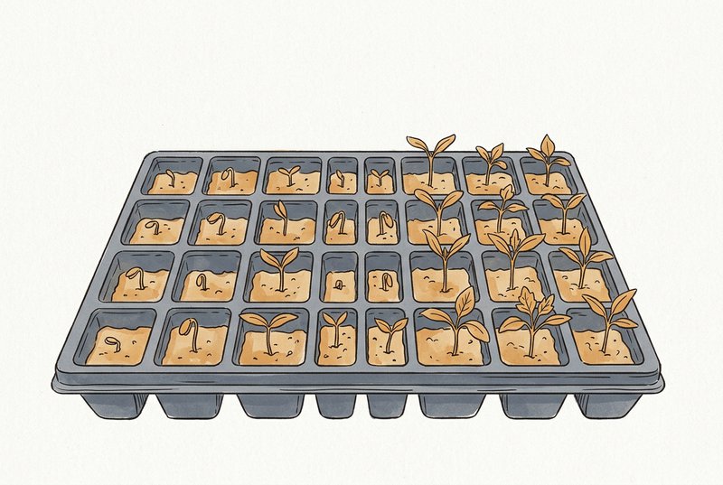 A seed-starting tray with individual cells, each containing a small seedling at a slightly different stage, viewed from a gentle overhead angle on textured paper background.