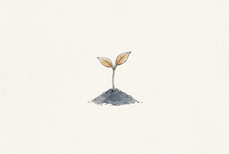 A single seedling emerging from a small mound of dark soil, surrounded by generous white space, rendered in minimal ink linework.
