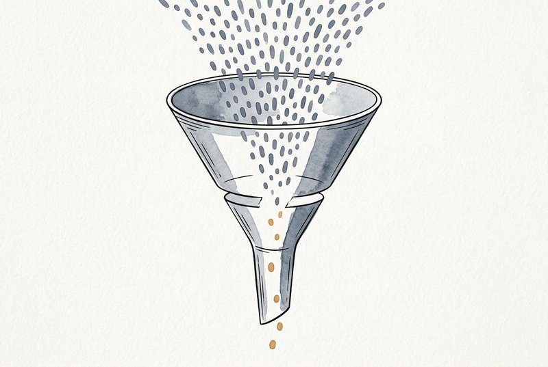 A minimal funnel diagram where many small dots enter the top and only a few pass through to the narrow bottom, with a visible gap between the interested zone and the paid zone.