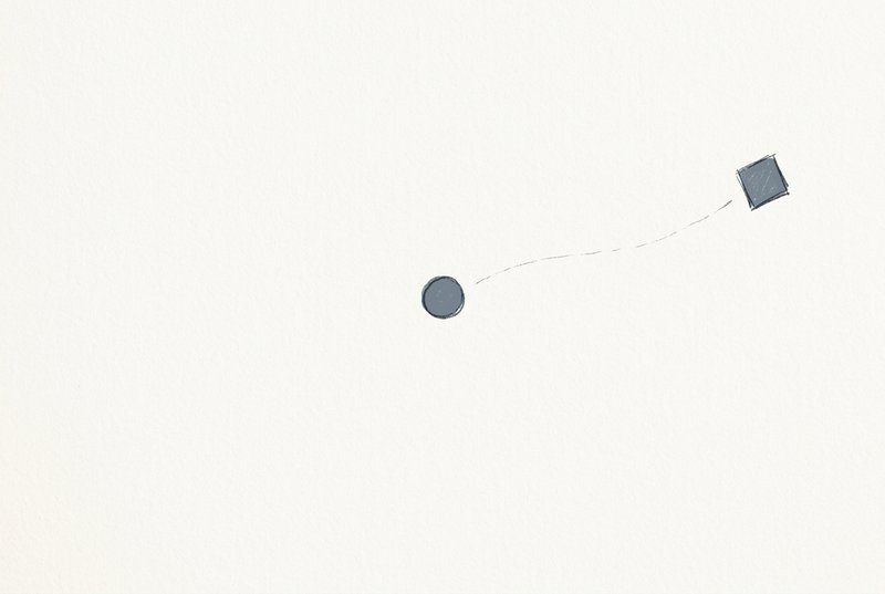 Two small objects that began close together now visibly separated, one drifting toward the edge of the frame, rendered in minimal ink linework on white paper.