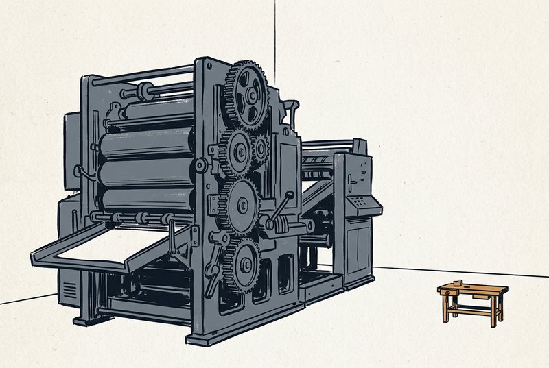 A large industrial machine operating in an empty warehouse with a single small workbench in the far corner, scale mismatch made visible in minimal ink linework.