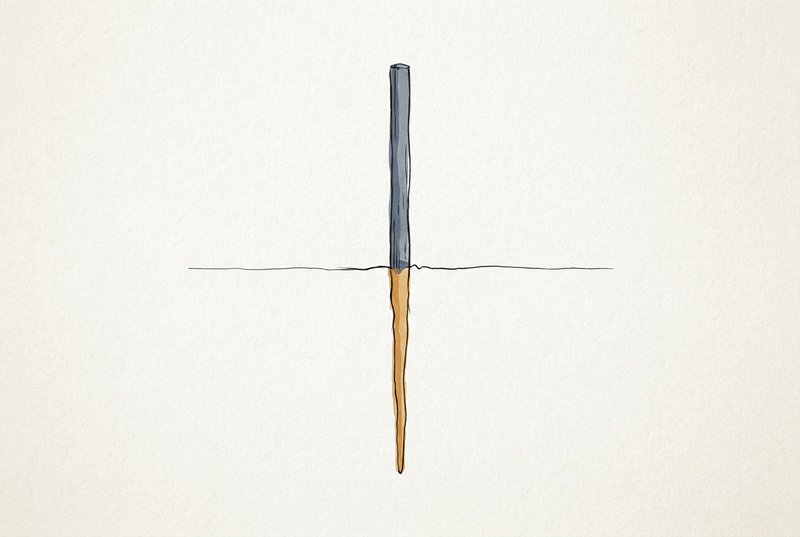 A single thin stake planted in firm ground, with a deep root extending straight down beneath the soil surface, rendered in minimal ink linework.