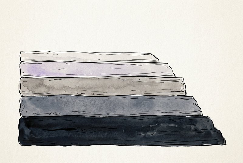 Five distinct sedimentary layers viewed in cross-section, each layer slightly different in texture and shade, the bottom layer widest and darkest, the top layer lightest and newest, rendered in ink and watercolor on textured paper.